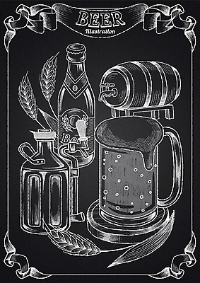 PSD 리본 음식 일러스트 프레임 맥주 주류 생맥주 사람없음 칠판 거품 초크 보리 맥주병 초크일러스트 초크아트 오크통 국내일러스트 음료 술병 곡류 그림 파일형식