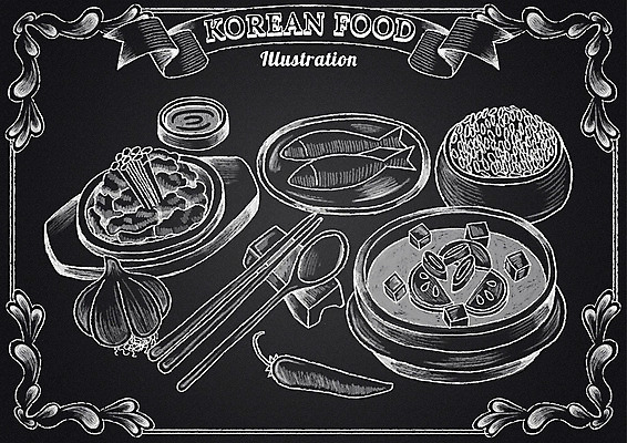 PSD 리본 한식 음식 일러스트 젓가락 고추 밥 프레임 수저 마늘 사람없음 칠판 찌개 초크 생선구이 초크일러스트 초크아트 소스그릇 제육볶음 국내일러스트 그릇 식기 채소 구이 그림 생선요리 파일형식