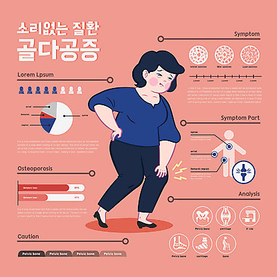 전신 여자 분홍색 중년 일러스트 그래프 뼈 병원 한명 사람 인포그래픽 고통 질병 검사_조사 골다공증 갱년기 무릎통증 여성질환 허리통증 중년여자한명만 국내일러스트 AI파일 1 감정 컬러 의학 성인 증상 여자한명만 중년여자만 파일형식 벡터