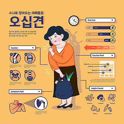 전신 여자 시계 중년 일러스트 그래프 뼈 병원 한명 사람 노란색 인포그래픽 고통 질병 어깨 괴로움 검사_조사 관절 갱년기 어깨통증 여성질환 오십견 중년여자한명만 국내일러스트 AI파일 1 감정 컬러 의학 성인 신체부위 증상 여자한명만 중년여자만 파일형식 벡터