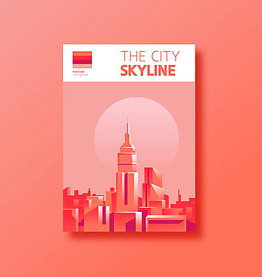편집 포스터 분홍색 컬러 일러스트 사람없음 유행 노을 고층빌딩 뉴욕 스카이라인 빌딩숲 엠파이어스테이트빌딩 리빙코랄 국내일러스트 AI파일 자연요소 빌딩 미국 파일형식 벡터 트랜드컬러 코랄