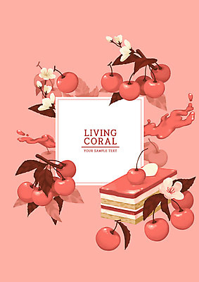 PSD 꽃 컬러 백그라운드 과일 일러스트 사람없음 유행 케이크 체리 체리꽃 리빙코랄 국내일러스트 식물 디저트 파일형식 트랜드컬러 코랄