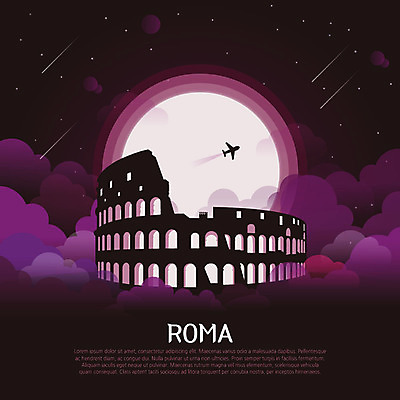 구름 유럽 별 여행 유적 일러스트 비행기 사람없음 관광지 세계 보라색 이탈리아 세계문화유산 달 유성 신비 로마 콜로세움 랜드마크 국내일러스트 AI파일 자연요소 전통 나라 컬러 컨셉 항공교통 대중교통 문화재 파일형식 벡터