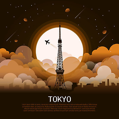 구름 여행 일러스트 비행기 사람없음 관광지 세계 갈색 일본 주황색 달 도시 도쿄 유성 신비 도쿄타워 랜드마크 국내일러스트 AI파일 자연요소 아시아 컬러 컨셉 항공교통 대중교통 파일형식 벡터