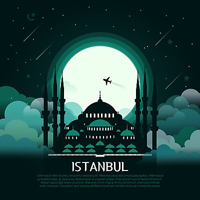 구름 별 여행 일러스트 비행기 이스탄불 사람없음 초록색 관광지 세계 달 유성 신비 블루모스크 랜드마크 튀르키예 국내일러스트 AI파일 자연요소 아시아 컬러 컨셉 항공교통 대중교통 파일형식 벡터