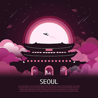 구름 분홍색 여행 일러스트 비행기 서울 한국 사람없음 관광지 세계 문화재 달 도시 유성 신비 광화문 랜드마크 국내일러스트 AI파일 자연요소 아시아 컬러 컨셉 항공교통 대중교통 파일형식 벡터