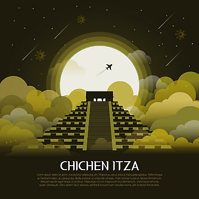 구름 여행 일러스트 멕시코 비행기 신전 사람없음 관광지 세계 달 남아메리카 유성 신비 마야문명 랜드마크 치첸이트사 국내일러스트 AI파일 자연요소 컨셉 고건축 북아메리카 항공교통 유적지 대중교통 아메리카 역사 파일형식 벡터