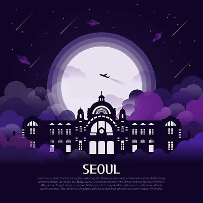 구름 여행 일러스트 비행기 서울 한국 사람없음 관광지 세계 보라색 달 역 유성 신비 기차역 랜드마크 서울역 국내일러스트 AI파일 자연요소 아시아 컬러 컨셉 항공교통 교통시설 대중교통 전철역 파일형식 벡터