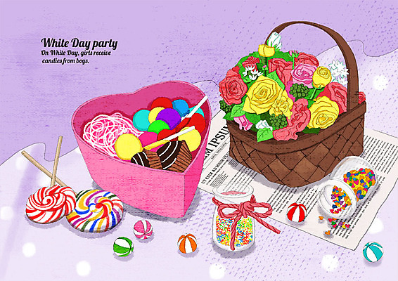 PSD 행복 분홍색 일러스트 화이트데이 막대사탕 선물 이벤트 사람없음 초콜릿 보라색 꽃바구니 젤리 영자신문 사탕바구니 국내일러스트 꽃 감정 컬러 데이이벤트 디저트 사탕 바구니 신문 파일형식