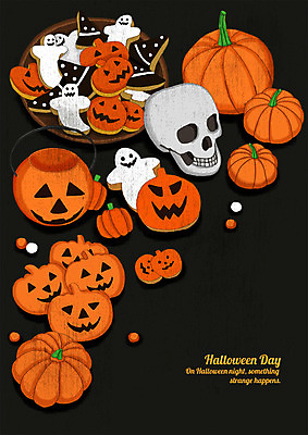 PSD 행복 일러스트 호박 해골 이벤트 사람없음 과자 초콜릿 검은색 주황색 할로윈 흰색 유령 잭오랜턴 진저쿠키 국내일러스트 감정 컬러 채소 디저트 뼈 쿠키 파일형식