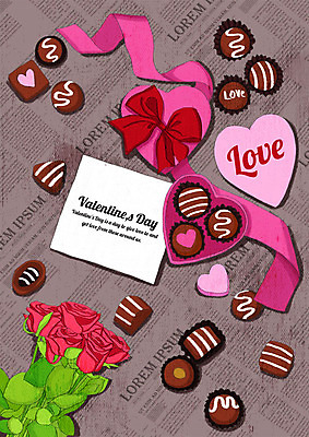 PSD 행복 리본 분홍색 일러스트 발렌타인데이 이벤트 사람없음 장미 갈색 초콜릿 하트 영자신문 국내일러스트 카드프레임 모양 꽃 감정 컬러 데이이벤트 디저트 프레임 신문 파일형식