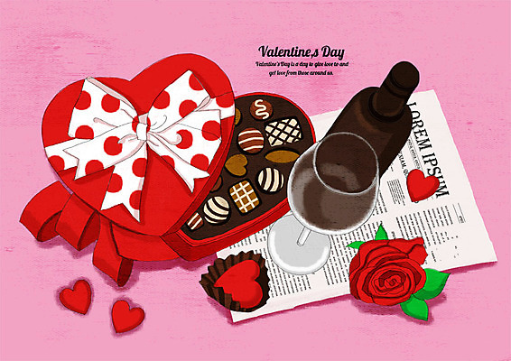 PSD 행복 리본 분홍색 와인잔 일러스트 발렌타인데이 이벤트 사람없음 빨간색 장미 초콜릿 하트 샴페인 문서 국내일러스트 모양 꽃 감정 컬러 술잔 데이이벤트 디저트 주류 파일형식