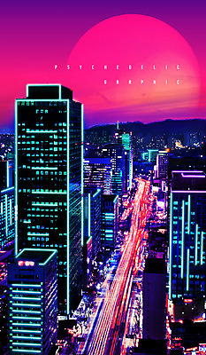 PSD 편집이미지 도로 분홍색 야경 빌딩 사람없음 건물 빛 컬러풀 달 도시 화려 모던 네온 민트색 이미지편집 자연요소 건축물 길 컬러 컨셉 교통시설 야간 파일형식 풍경_경치