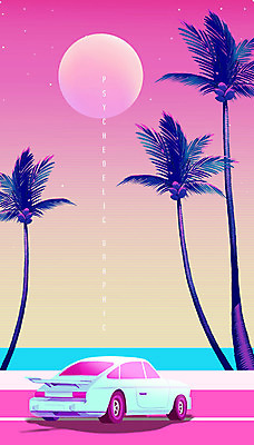 PSD 편집이미지 자동차 풍경 해변 사람없음 컬러풀 야자수 일몰 달 화려 모던 그라데이션 이미지편집 자연요소 나무 육상교통 바다 컬러 컨셉 노을 파일형식