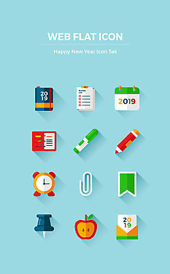 아이콘 행복 하늘색 새해 사람없음 연필 펜 다이어리 공책 자명종 달력 압정 사과 편지 클립 해피뉴이어 형광펜 북마크 2019년 버킷리스트 2D아이콘 AI파일 감정 시계 과일 문구용품 학용품 파란색 필기구 사무용품 알람 새해인사 연도 리스트 파일형식 벡터