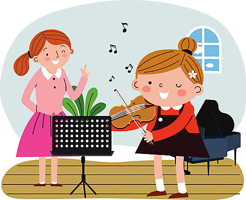 전신 학생 여자 어린이 악기 음악 음표 일러스트 수업 사람 성인 두명 교사 건반 피아노 보면대 바이올린 즐거움 레슨 방과후 국내일러스트 AI파일 직업 기호 교육 감정 현악기 문화예술 건반악기 파일형식 벡터