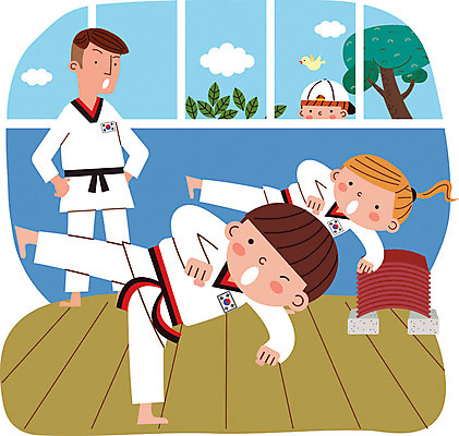 전신 여자 남자 어린이 일러스트 수업 기와 도복 사람 성인 세명 도장 킥 즐거움 태권도 태권도복 품새 사범 방과후 국내일러스트 AI파일 옷 교육 감정 모션 격투기 파일형식 벡터