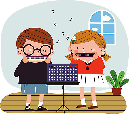 전신 여자 남자 어린이 음악 음표 일러스트 수업 사람 두명 보면대 즐거움 음악교육 하모니카 어린이만 방과후 국내일러스트 AI파일 기호 교육 감정 문화예술 관악기 파일형식 벡터