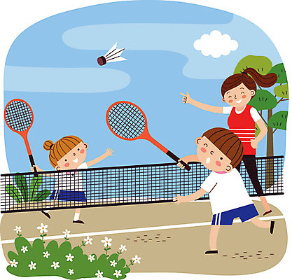전신 나무 구름 학생 여자 남자 꽃 어린이 일러스트 수업 사람 성인 세명 교사 운동장 배드민턴라켓 네트 셔틀콕 즐거움 체육시간 배드민턴 방과후 국내일러스트 AI파일 자연요소 식물 직업 교육 감정 스포츠용품 스포츠 스포츠시설 구기 공간 라켓 파일형식 벡터