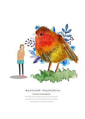 전신 PSD 응시 여자 꽃 일러스트 조류 나뭇잎 수채화 따뜻함 한명 사람 성인 파란색 귀여움 감성 성인여자한명만 국내일러스트 식물 동물 1 시선 컬러 컨셉 잎 여자한명만 성인여자만 파일형식