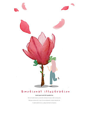 전신 PSD 응시 여자 꽃잎 꽃 일러스트 수채화 따뜻함 한명 사람 성인 감성 성인여자한명만 흩날리기 국내일러스트 식물 1 시선 컨셉 모션 여자한명만 성인여자만 파일형식