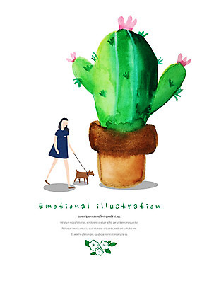 전신 PSD 한마리 여자 화분 반려견 일러스트 수채화 선인장 따뜻함 한명 사람 성인 걷기 산책 강아지 감성 성인여자만 국내일러스트 식물 1 컨셉 모션 휴식 반려동물 개 여자만 성인만 파일형식
