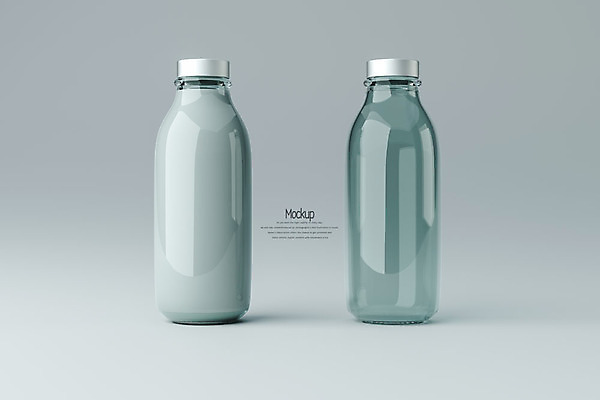 PSD 편집이미지 회색배경 유리병 사람없음 3D소스 3D 우유 두개 투명 우유병 디지털합성 빈병 목업 편집3D 백그라운드 2 병_용기 유제품 회색 파일형식