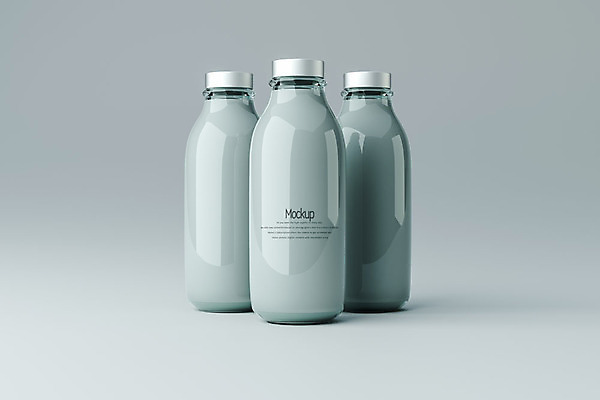 PSD 편집이미지 회색배경 유리병 사람없음 3D소스 3D 우유 세개 우유병 디지털합성 목업 편집3D 백그라운드 병_용기 유제품 3 회색 파일형식