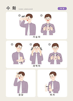 직업 문자 남자 일러스트 손가락 커뮤니케이션 한명 사람 손짓 상반신 성인 한글 기술자 경찰 과학자 비서 소통 지문자 청각장애인 국내일러스트 AI파일 1 손 과학 컨셉 모션 장애인 수화 학자 파일형식 벡터