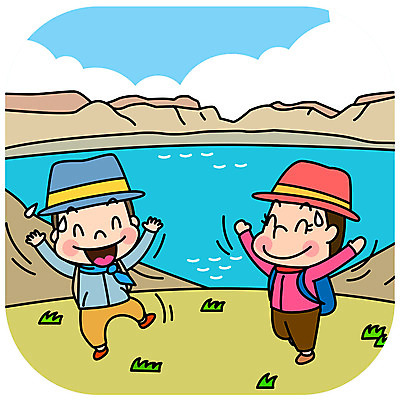 전신 여자 남자 여행 일러스트 성공 사람 성인 두명 평화 기쁨 등산객 백두산 천지 백두산천지 통일 남북통일 국내일러스트 AI파일 감정 컨셉 산 등산 파일형식 벡터