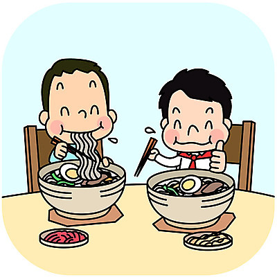 남자 어린이 음식 일러스트 여름음식 사람 소년 상반신 두명 평화 먹기 남북 통일 평양냉면 남북통일 제철음식 맛있는 국내일러스트 AI파일 컨셉 모션 냉면 제철 파일형식 벡터 북한음식 여름_계절