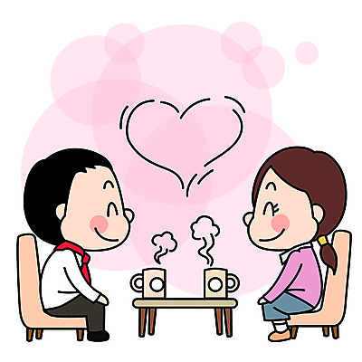 전신 여자 남자 여유 음료 어린이 일러스트 탁자 대화 사람 소녀 소년 두명 평화 다정 머그컵 하트 마주앉기 남북 통일 남북통일 국내일러스트 AI파일 모양 감정 가구 컨셉 말하기 앉기 컵 파일형식 벡터