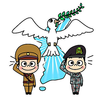 전신 남자 상징 일러스트 미소 사람 성인 두명 평화 군인 즐거움 비둘기 경례 한반도 남북 통일 남북통일 국내일러스트 AI파일 직업 감정 컨셉 조류 표정 인사 국군 파일형식 벡터