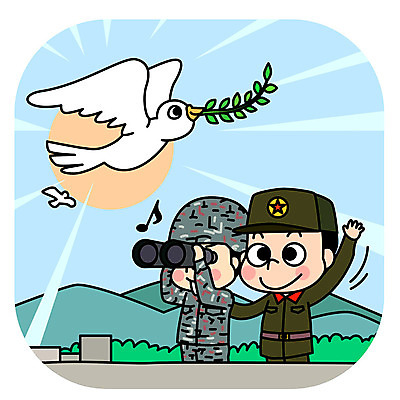 한마리 응시 남자 일러스트 사람 상반신 성인 두명 평화 망원경 군인 즐거움 비둘기 손인사 남북 반가움 통일 남북통일 국내일러스트 AI파일 직업 1 시선 감정 컨셉 조류 인사 국군 파일형식 벡터