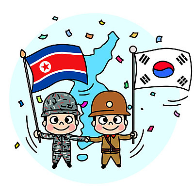 전신 남자 일러스트 사람 성인 두명 평화 손잡기 군인 태극기 즐거움 흔들림 한반도 남북 북한국기 통일 남북통일 국내일러스트 AI파일 직업 감정 컨셉 모션 국기 국군 파일형식 벡터