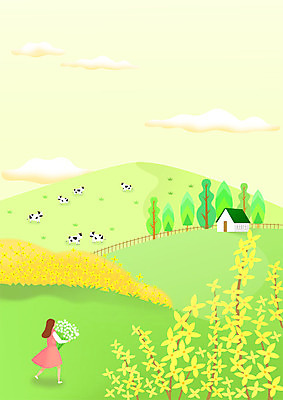 전신 PSD 여자 행복 여유 꽃다발 일러스트 주택 한명 들기 사람 초원 성인 초록색 노란색 봄풍경 봄 목장 시골 개나리 젖소 언덕 힐링 성인여자한명만 국내일러스트 1 계절 꽃 감정 컬러 모션 풍경 건물 소 여자한명만 성인여자만 파일형식