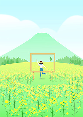 전신 PSD 여자 행복 여유 포즈 꽃밭 일러스트 프레임 한명 사람 풍경 성인 초록색 연두색 노란색 축제 봄풍경 봄 유채 힐링 포토존 성인여자한명만 국내일러스트 1 계절 꽃 감정 컬러 여자한명만 성인여자만 파일형식