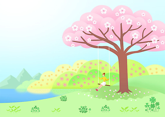 전신 PSD 나무 여자 행복 여유 분홍색 일러스트 한명 사람 풍경 초원 성인 초록색 봄풍경 봄 벚나무 강가 그네 힐링 성인여자한명만 국내일러스트 식물 1 계절 감정 컬러 강 벚꽃 여자한명만 성인여자만 파일형식