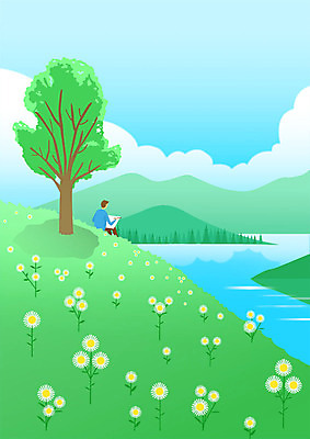 PSD 나무 남자 행복 여유 꽃밭 일러스트 한명 사람 앉기 풍경 상반신 성인 취미 초록색 강 봄풍경 봄 들꽃 그리기 강가 그림 힐링 동산 성인남자한명만 국내일러스트 식물 1 계절 꽃 감정 컬러 모션 남자한명만 성인남자만 파일형식