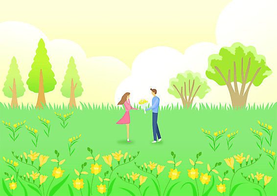 전신 PSD 나무 커플 여자 남자 행복 여유 꽃다발 프로포즈 꽃밭 일러스트 사람 초원 성인 두명 연두색 노란색 마주보기 봄풍경 봄 힐링 프리지어 성인만 국내일러스트 식물 계절 꽃 감정 컬러 관계 모션 풍경 초록색 파일형식