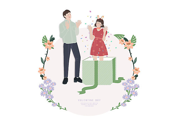 전신 PSD 커플 여자 기념일 남자 일러스트 발렌타인데이 선물 사랑 사람 이벤트 성인 두명 빨간색 초록색 선물상자 보라색 놀람 로맨틱 단발머리 코스모스 서프라이즈 꽃프레임 국내일러스트 헤어스타일 꽃 감정 컬러 컨셉 관계 데이이벤트 프레임 표정 상자 파일형식