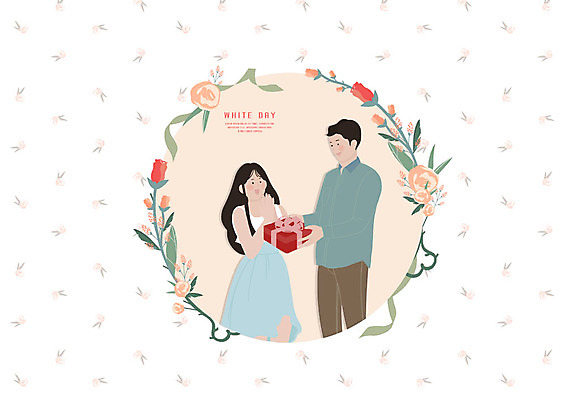 PSD 커플 여자 기념일 남자 리본 일러스트 화이트데이 나뭇잎 선물 사랑 사람 상반신 성인 두명 초록색 선물상자 주황색 기쁨 로맨틱 튤립 주기 꽃프레임 국내일러스트 꽃 감정 컬러 컨셉 잎 관계 모션 데이이벤트 프레임 이벤트 상자 파일형식