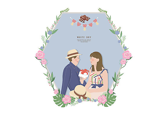 PSD 커플 여자 기념일 남자 분홍색 일러스트 화이트데이 선물 사랑 사람 상반신 성인 두명 파란색 선물상자 소풍 초콜릿 로맨틱 중절모 밀짚모자 꽃프레임 국내일러스트 모자_잡화 꽃 감정 컬러 컨셉 관계 데이이벤트 디저트 프레임 이벤트 상자 야외활동 파일형식