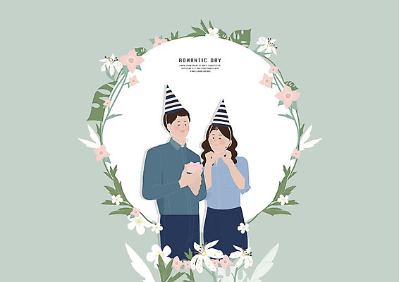 PSD 커플 여자 기념일 남자 셔츠 일러스트 나뭇잎 사랑 사람 상반신 성인 두명 초록색 파란색 고깔모자 로맨틱 청바지 백합 커플룩 꽃프레임 민트색 국내일러스트 모자_잡화 옷 꽃 감정 컬러 컨셉 상의 잎 바지 관계 프레임 이벤트 파일형식