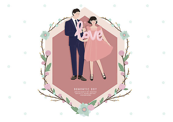 전신 PSD 커플 드레스 여자 기념일 남자 분홍색 프로포즈 일러스트 사랑 사람 정장 이벤트 성인 두명 장미 로맨틱 단발머리 풍선 꽃프레임 국내일러스트 헤어스타일 옷 꽃 감정 컬러 컨셉 관계 프레임 파일형식