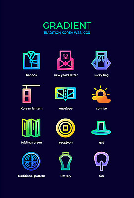 아이콘 전통 명절 새해 복주머니 사람없음 컬러풀 태양 전통문양 일출 도자기 부채 한복 연하장 청사초롱 병풍 엽전 그라디언트 2D아이콘 AI파일 갓모자 자연요소 모자_잡화 한국전통 문양 기념일 컬러 카드_감사 전통소품 노을 동전 전통의상 초롱 파일형식 벡터
