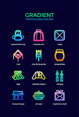 아이콘 전통 고건축 사람없음 치마 컬러풀 보자기 항아리 가마솥 한복 연 노리개 저고리 제기_놀이 관모 굴레 딱지 그라디언트 2D아이콘 AI파일 한국전통 건축물 컬러 하의 전통소품 놀이용품 도자기 솥 전통의상 파일형식 벡터 천_직물