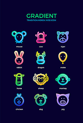 아이콘 전통 한국 사람없음 컬러풀 십이지신 용 원숭이 토끼 닭 띠 양 말_동물 돼지 뱀 호랑이 소 개 쥐 그라디언트 2D아이콘 AI파일 아시아 컬러 포유류 파충류 조류 반려동물 설치류 파일형식 벡터
