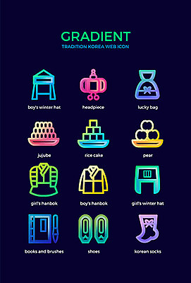 아이콘 전통 신발 떡 복주머니 사람없음 책 컬러풀 붓 배 한복 대추 족두리 버선 복건 굴레 돌잔치 돌잡이 설기 첫돌 그라디언트 2D아이콘 AI파일 한국전통 컬러 과일 양말 전통소품 돌_생일 전통의상 파일형식 벡터