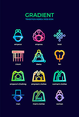 아이콘 한국전통 전통 여자 남자 얼굴 왕관 신체부위 컬러풀 부채 전통의상 한복 왕 여성복 남성복 여왕 그라디언트 2D아이콘 AI파일 옷 컬러 한국 사람 파일형식 벡터
